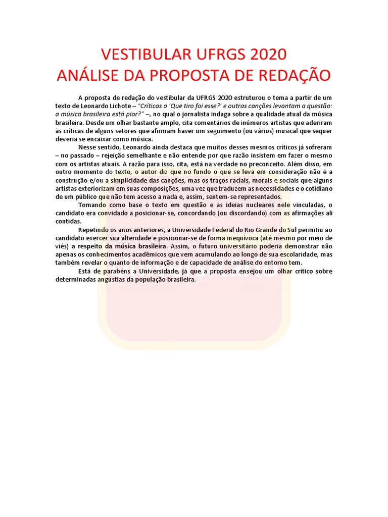 Prova de Redação UFRGS 2020 | PDF