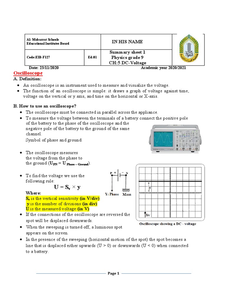Oscilloscope: in His Name Summary Sheet 1 Physics Grade 9 CH:5 DC ...