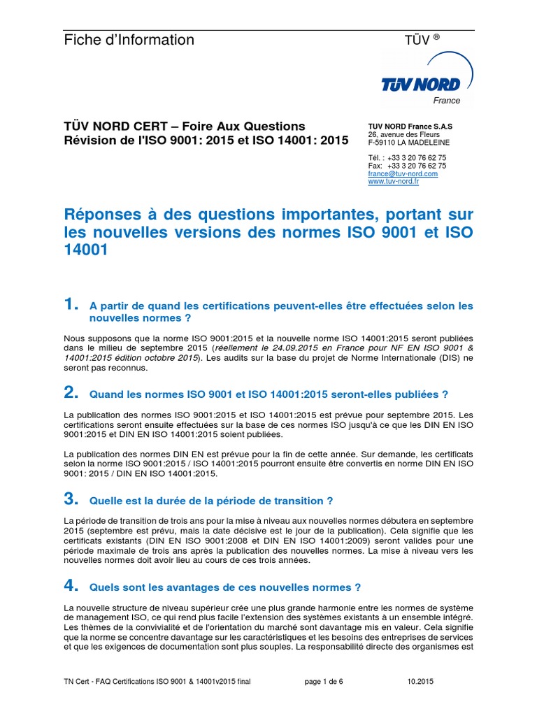 TN FR Faq Certifications Iso 9001 14001 2015 | PDF | Management de la ...