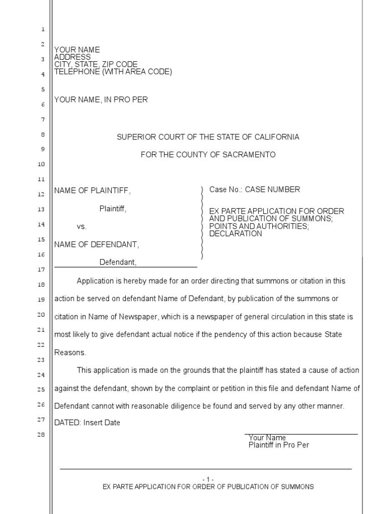 Ex Parte Application for Summons Publication | PDF | Summons | Civil ...