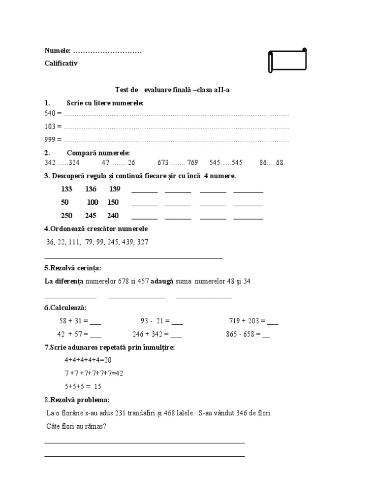Test Evaluare Finala Mem Cls 2 | PDF