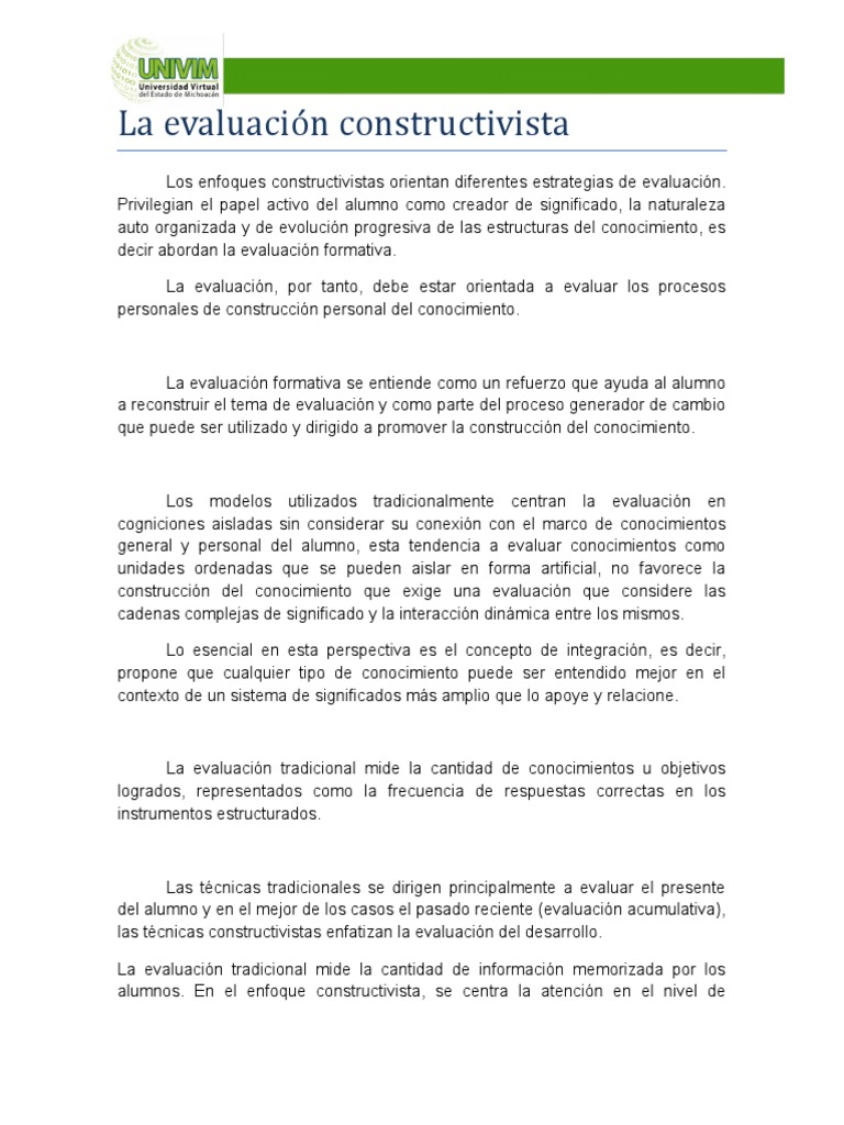 La Evaluación Constructivista | PDF | Constructivismo (filosofía de la ...