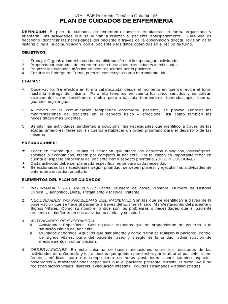 Plan de Cuidados de Enfermería Detallado | PDF | Enfermería ...