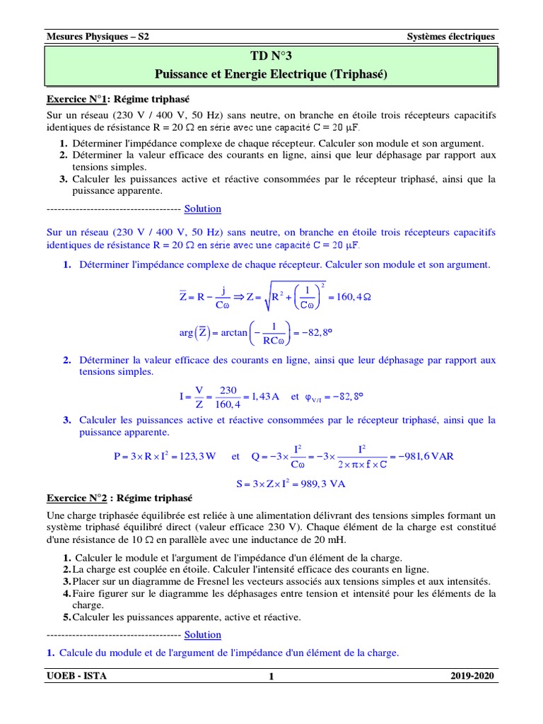 Calcul De Puissance En Triphasé 380v TD N°03 - Systèmes Electriques2 Avec Solution 2020 | PDF | Puissance  (physique) | Impédance (électricité)