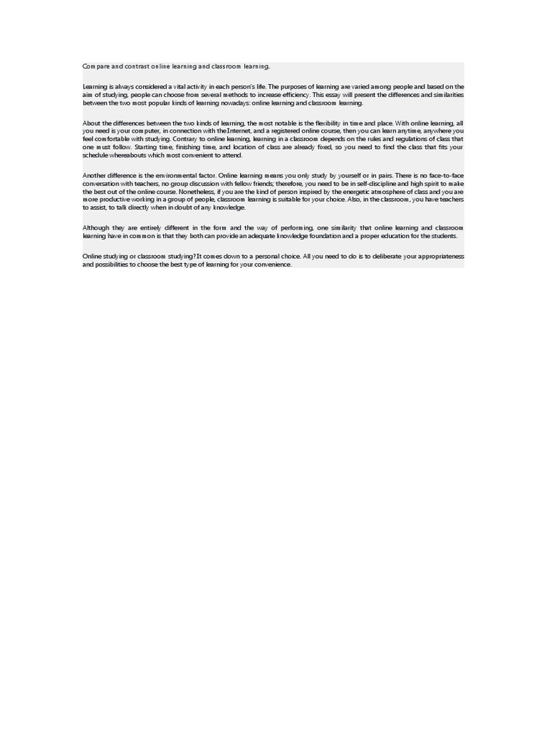 Online vs. Classroom Learning Comparison | PDF