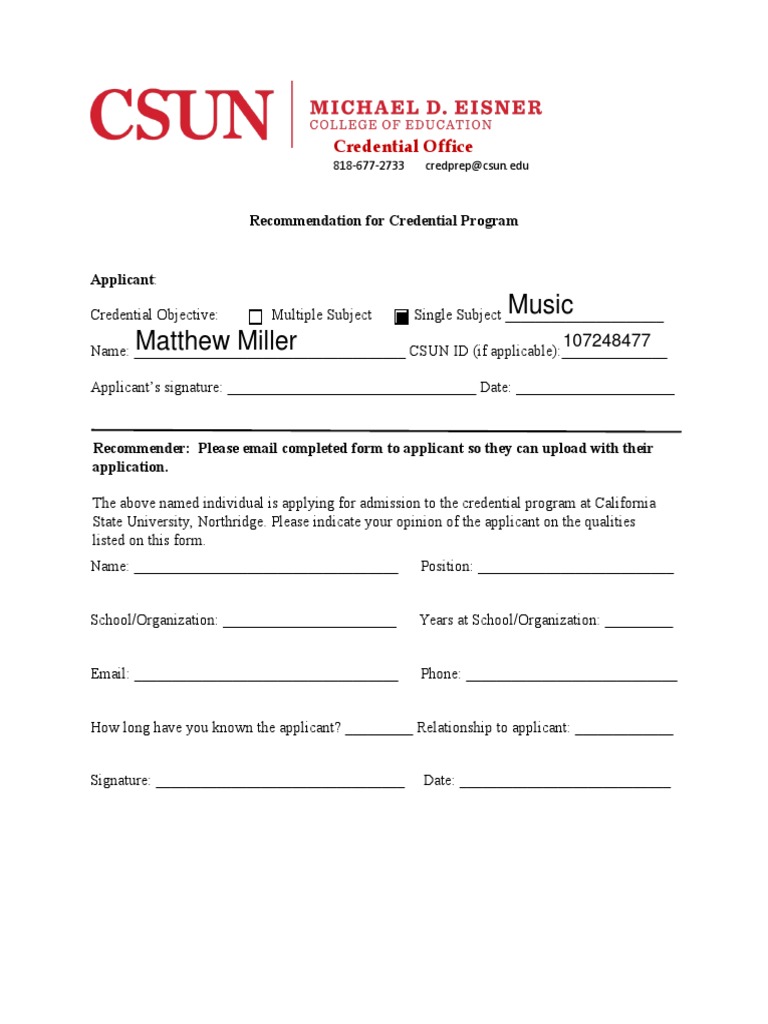 CSUN Credential Program Recommendation Form | PDF | Applied Psychology ...