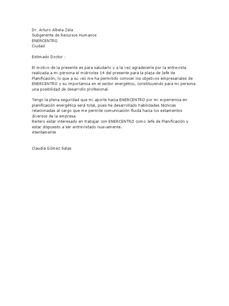 Carta de agradecimiento por entrevista