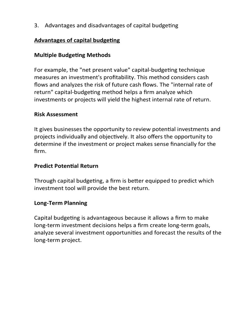 Advantages of Capital Budgeting Multiple Budgeting Methods | PDF ...