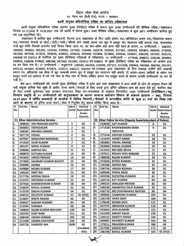 Bihar Service Merit List 2021 | PDF