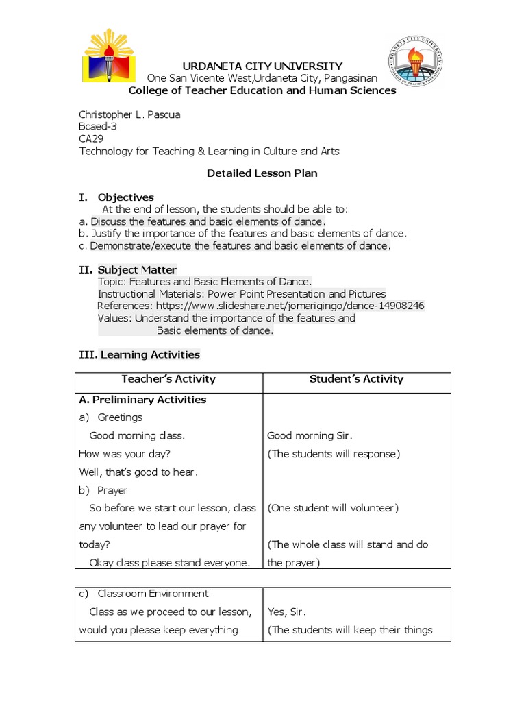 Elements of Dance Lesson Plan | PDF | Dances | Lesson Plan