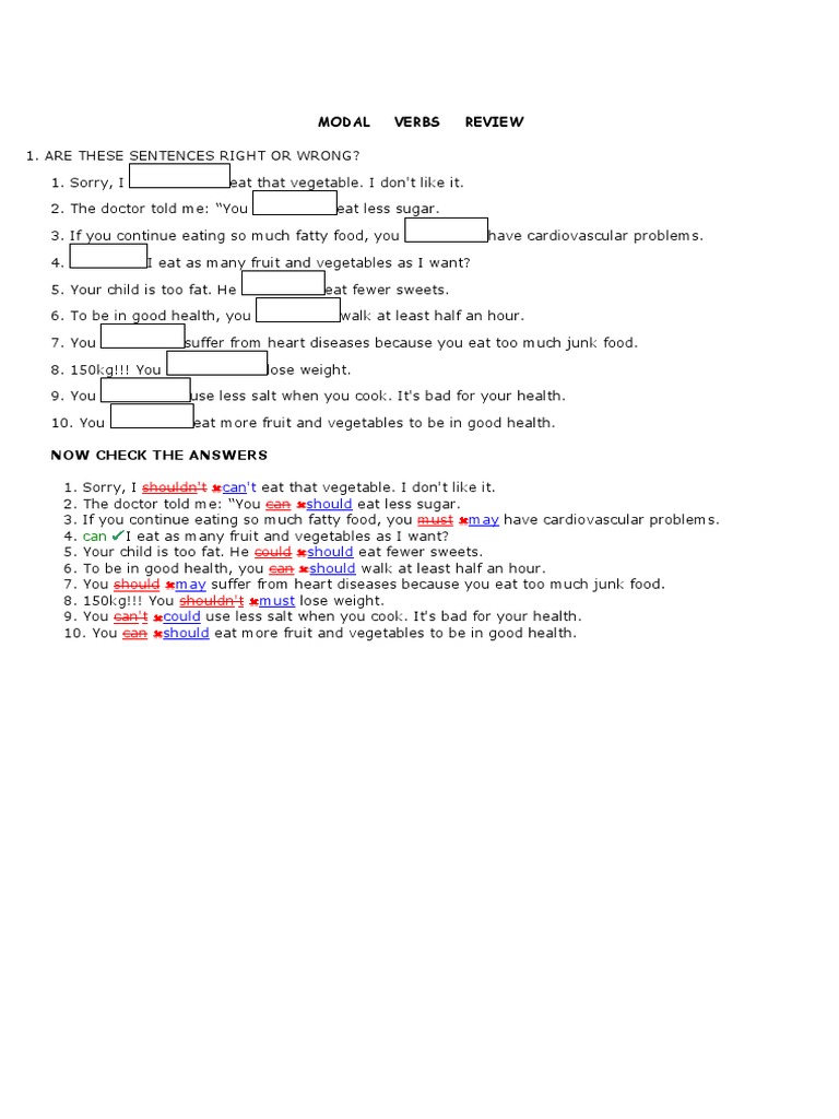 Modal Verbs Review: Can't Should May Should Should May Must Could ...