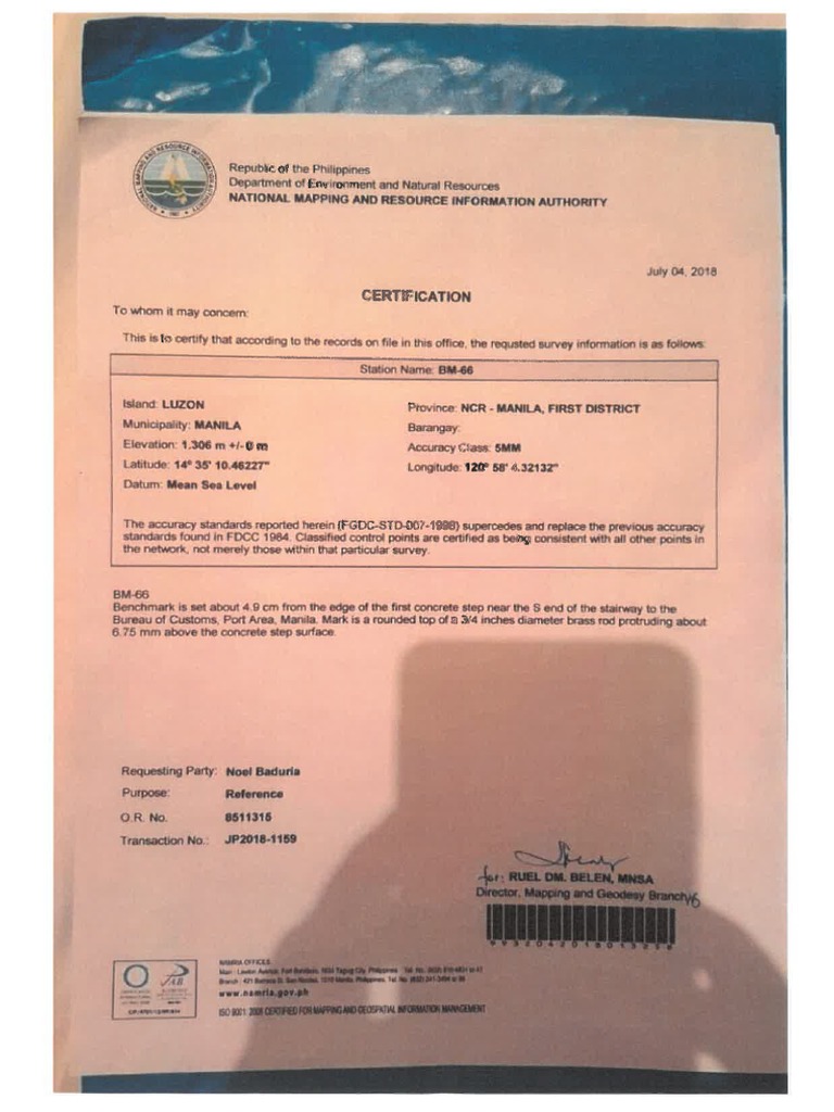 NAMRIA Certification of BM66 | PDF