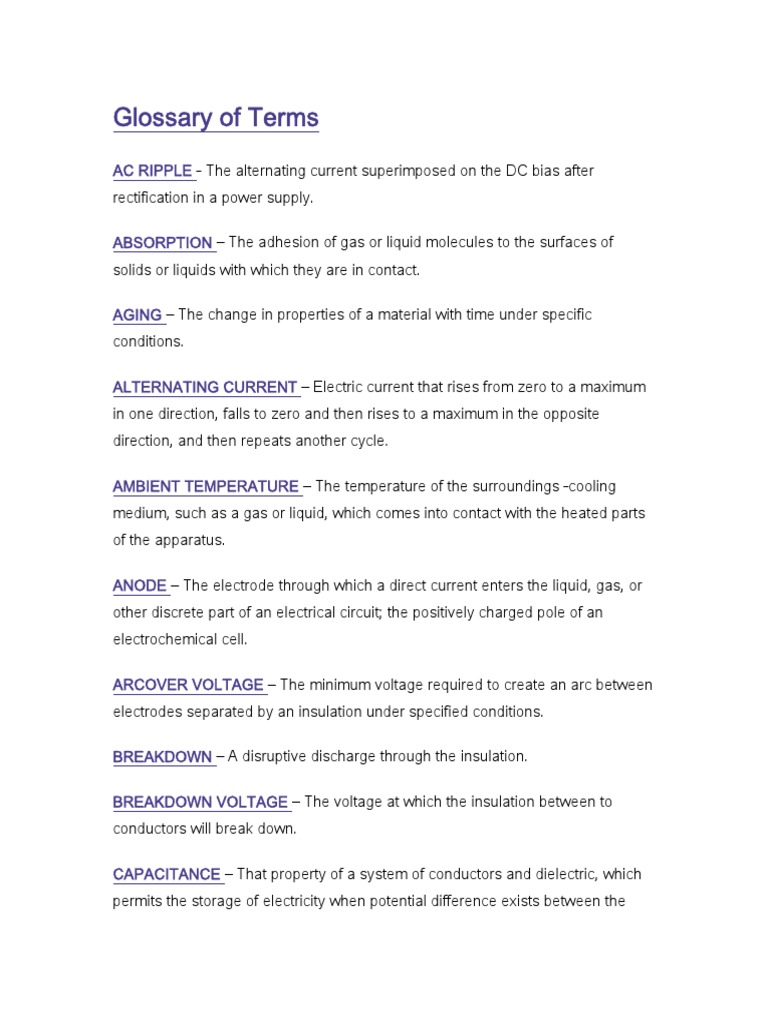 Glossary of Terms PDF Electrical Breakdown Capacitor