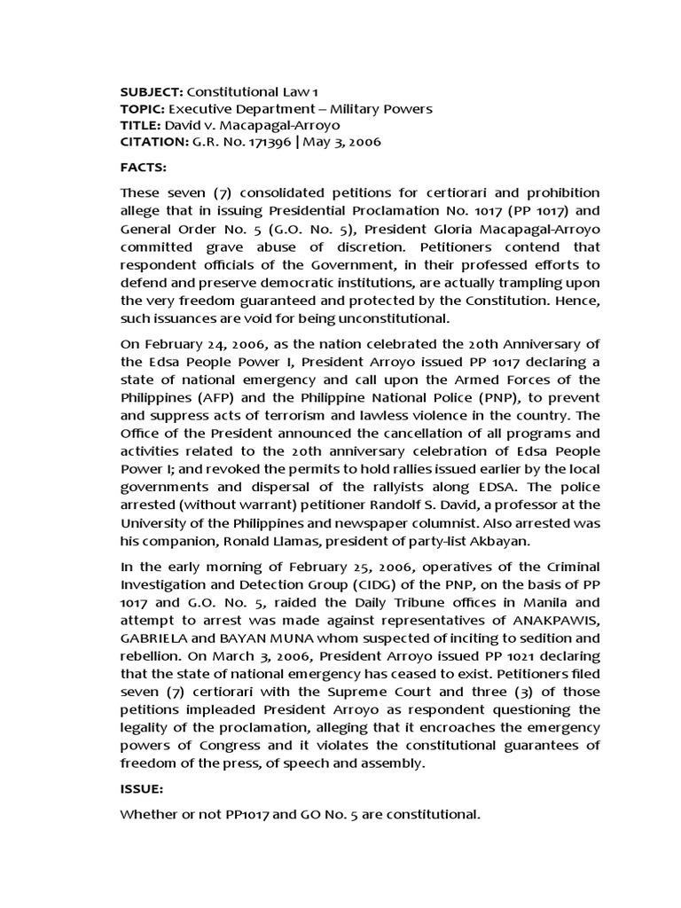 David v macapagal arroyo gr no 171396 pdf constitutional law