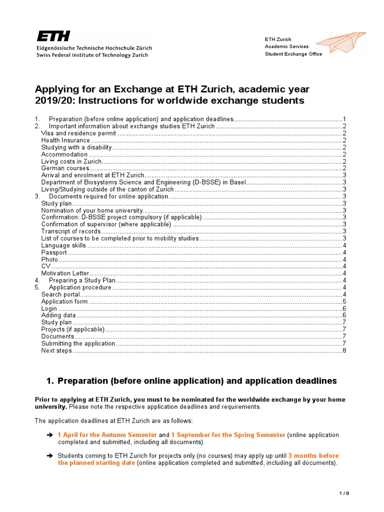 Applying For An Exchange at ETH Zurich, Academic Year 2019/20 ...