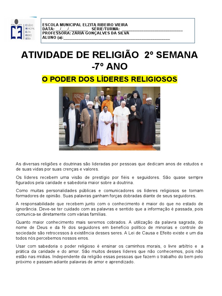 Atividade sobre Líderes Religiosos 7º Ano | PDF | Clero | Cristianismo