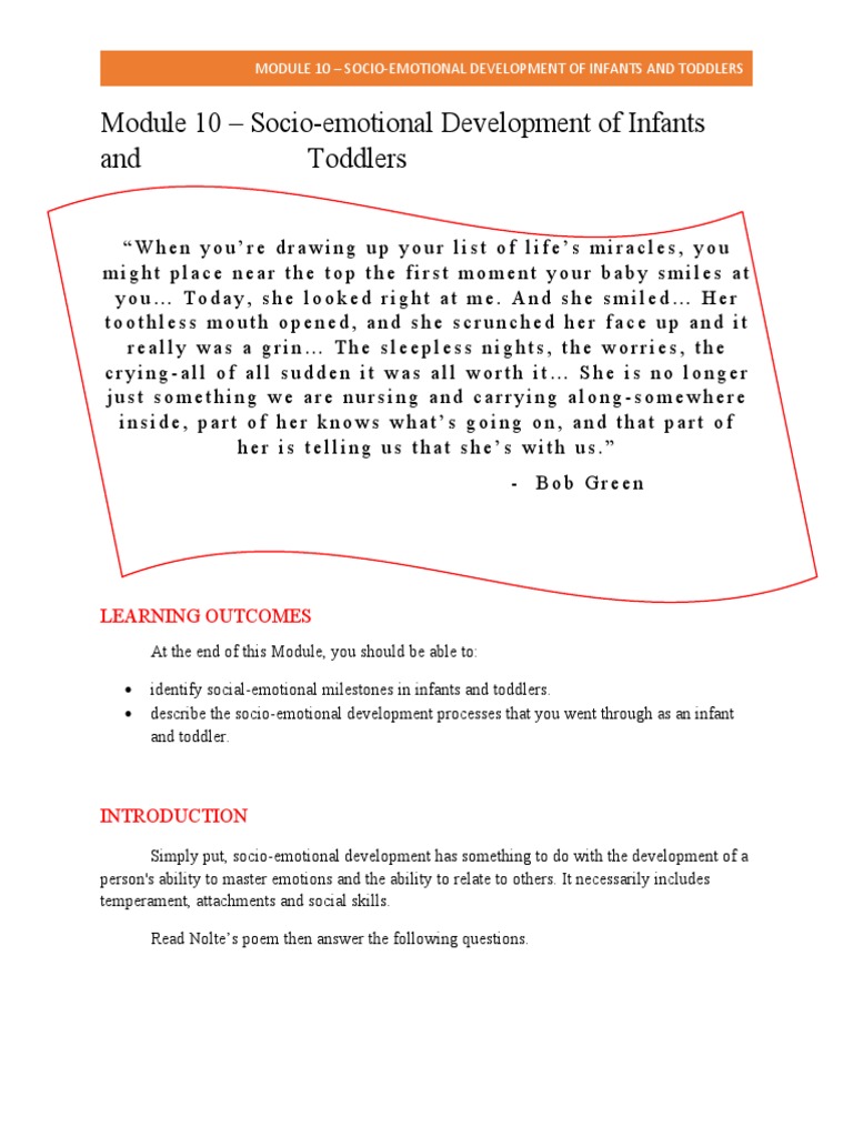 Module 10 Socio Emotional Development of Infants and Toddlers 1 | PDF ...