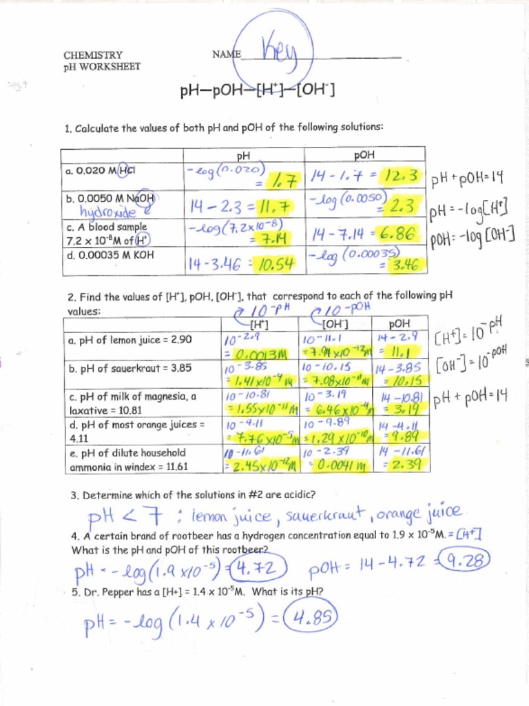 Ch. 20 20 PH POH Calc Extra WS Key  PDF Inside Ph And Poh Worksheet