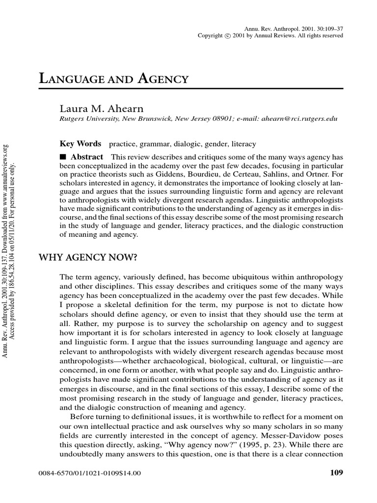 Ahearn Language and Agency PDF Anthropology Feminism