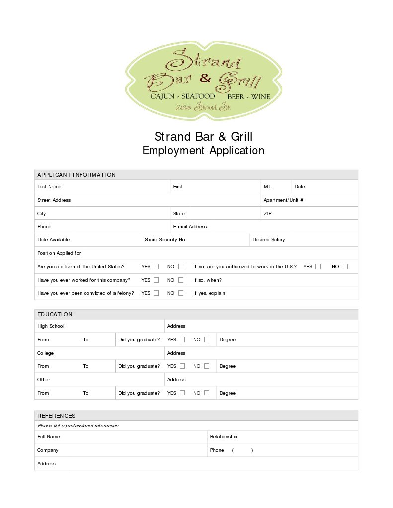 Strand Bar & Grill Employment Application | PDF