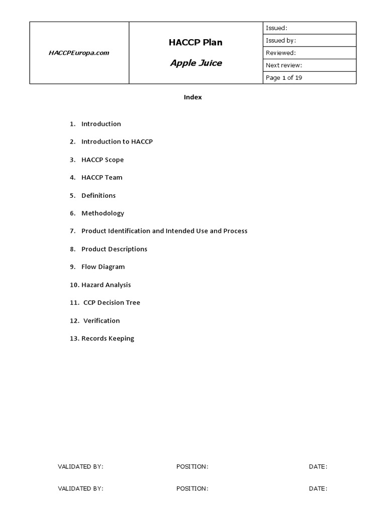 HACCP Plan Apple Juice PDF Hazard Analysis And Critical Control