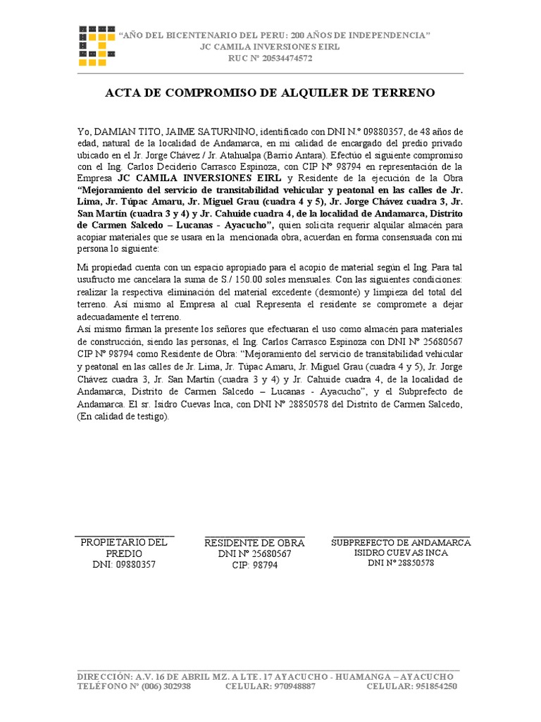 Acta de Compromiso de Uso de Cantera para Material Afirmado | PDF ...