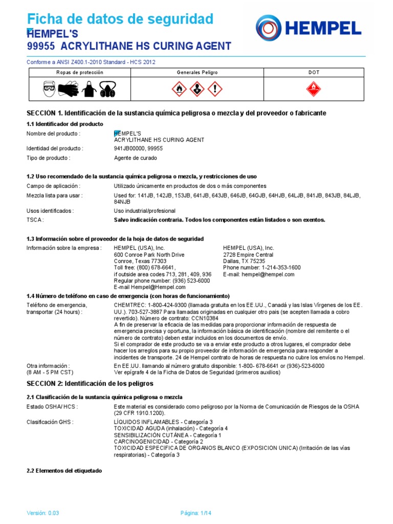 Ficha de Datos de Seguridad HEMPEL'S ACRYLITHANE HS CURING AGENT PDF