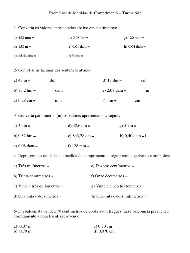 Exercícios de Medidas de Comprimento - Turma 602 | PDF