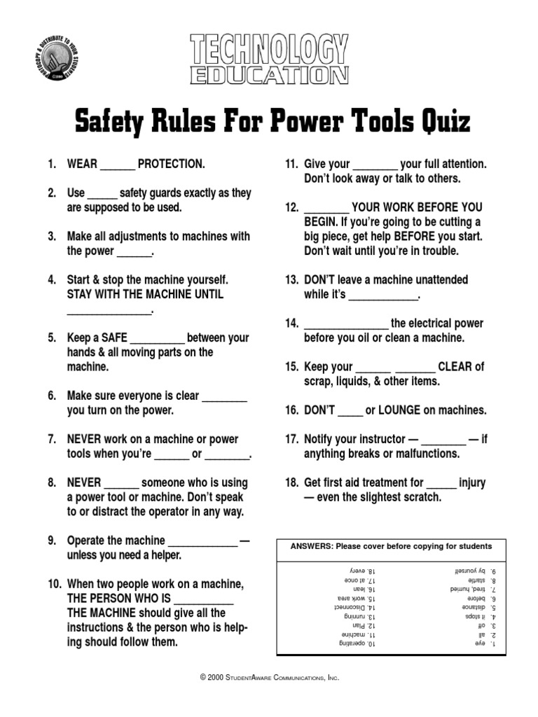 Safety Rules For Power Tools Quiz © 2000 S A C, I PDF