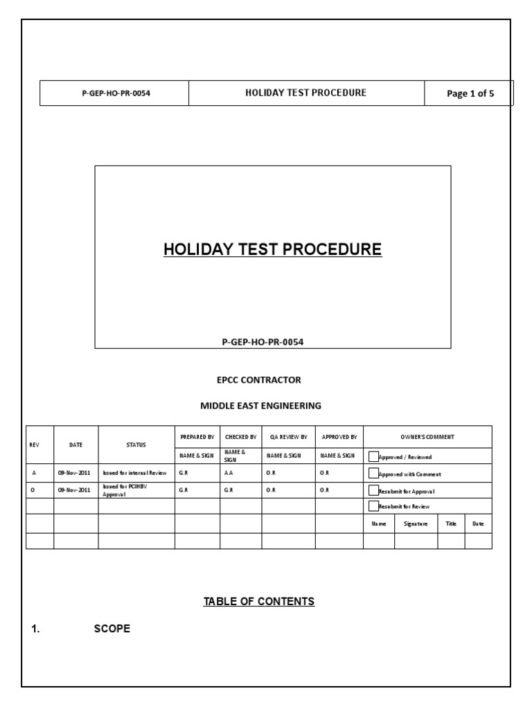 Holiday Test Procedure PDF Quality Assurance Paint