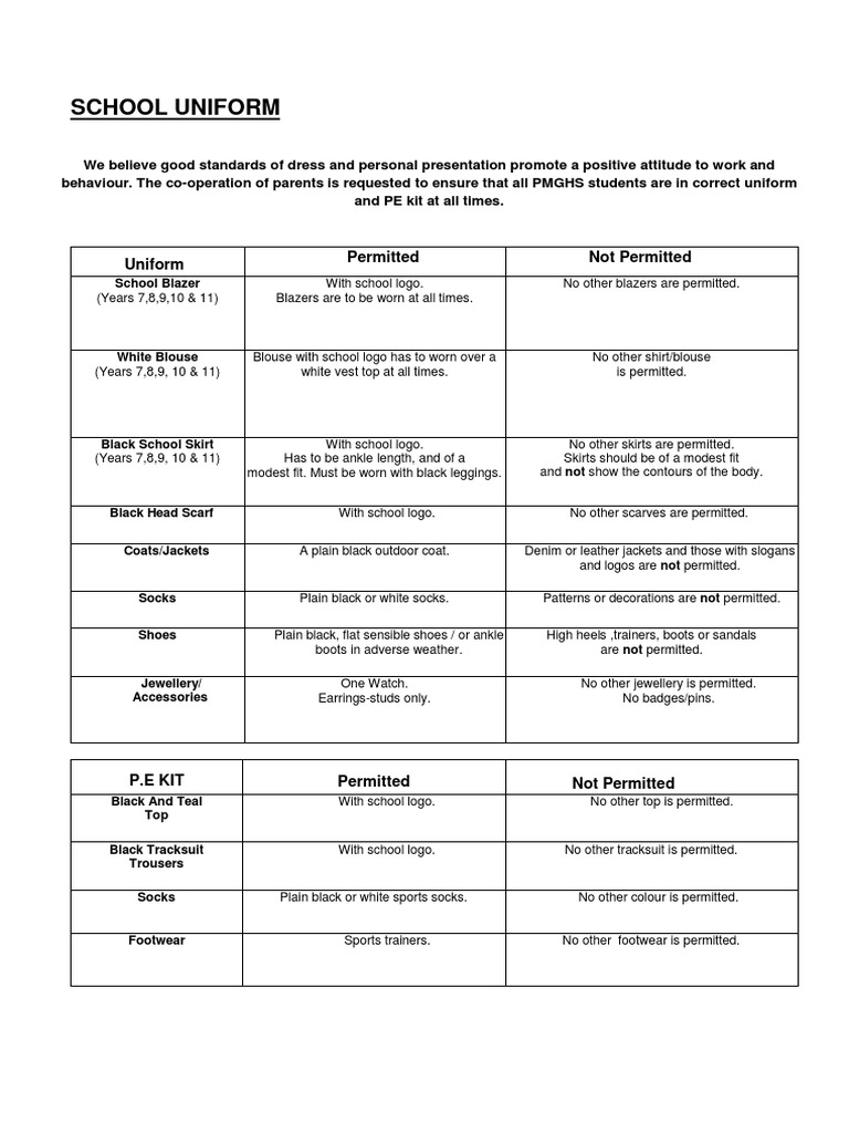 School Uniform Uniform Permitted Not Permitted PDF Sock Boot