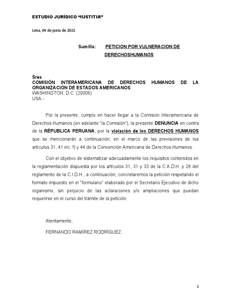 Peticion A La Comision Interamericana de Derechos Humanos | PDF ...