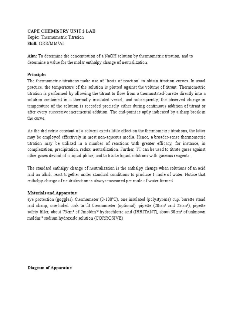CAPE Chemistry U2 Lab Thermometric Titration (SAMPLE) PDF