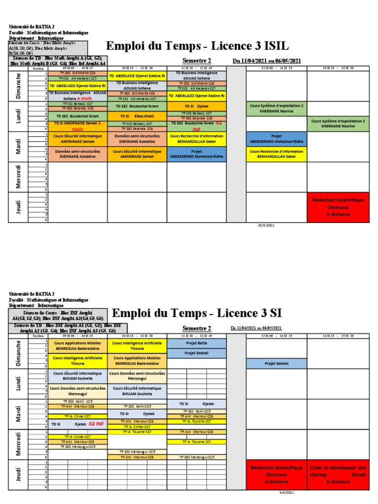 Emploi du Temps Licence 3 Informatique | PDF | Théorie (échecs ...