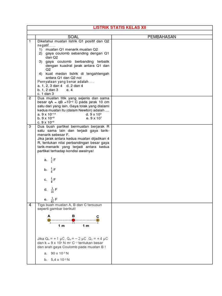 Soal Listrik Statis Kelas 12 dan Pembahasan | PDF | Metode & Bahan Ajar ...