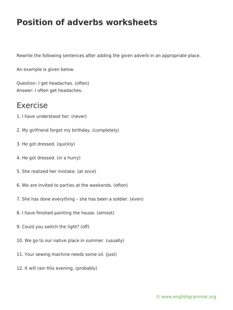 Position of Adverbs Worksheets | PDF | Language Arts & Discipline ...