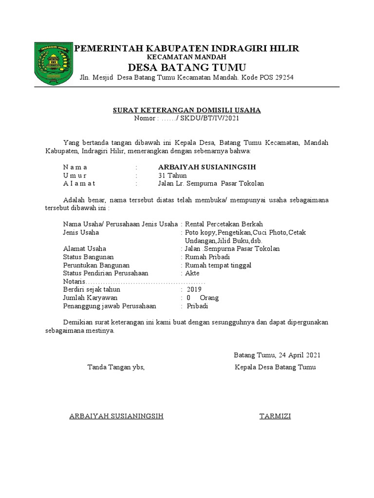 Contoh Surat Keterangan Domisili Usaha