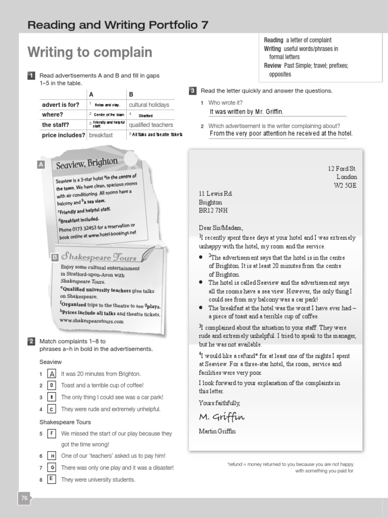 Writing To Complain Reading and Writing Portfolio 7 PDF