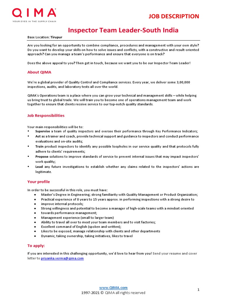 Inspector Team Leader PDF Audit Business