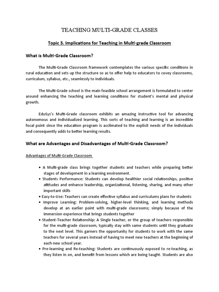 Implications For Teaching Multigrade Classroom PDF Classroom Teachers