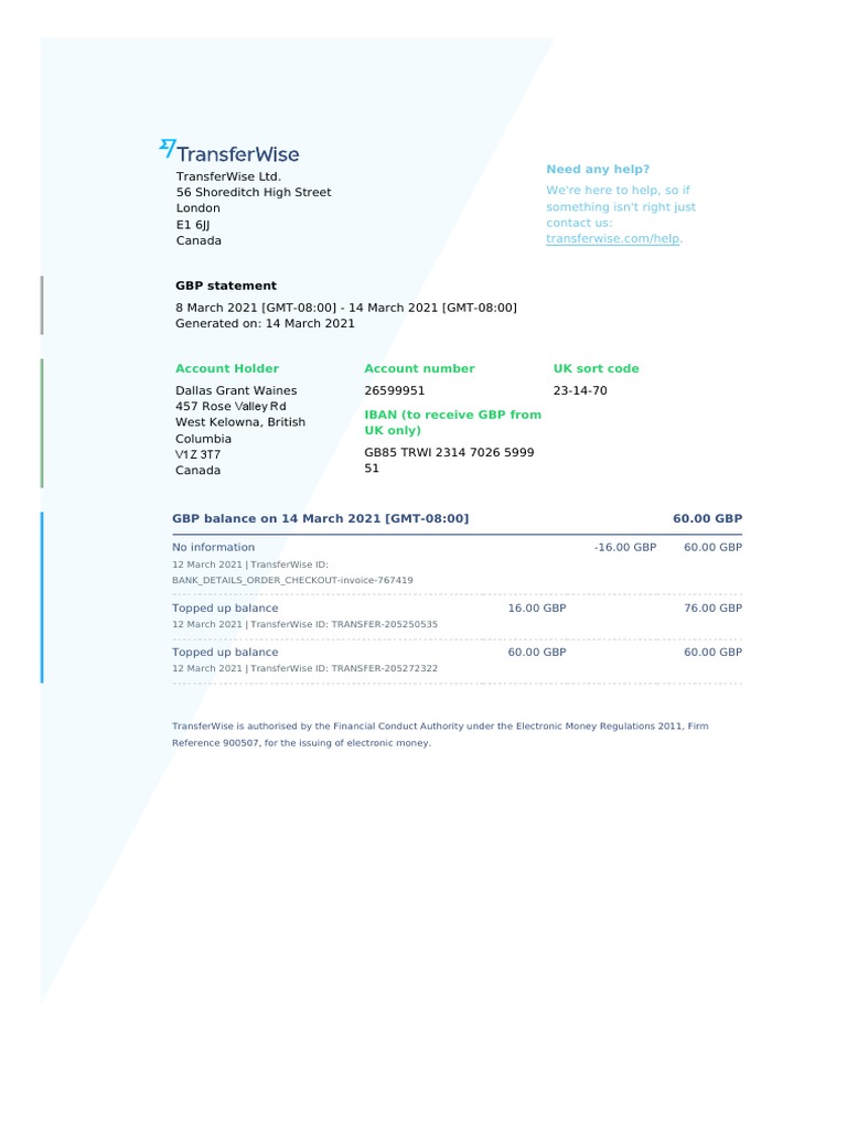 GBP Statement: Account Holder Account Number UK Sort Code | PDF
