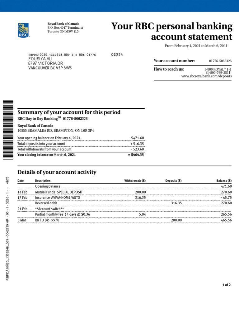Your RBC Personal Banking Account Statement PDF Deposit Account Banks