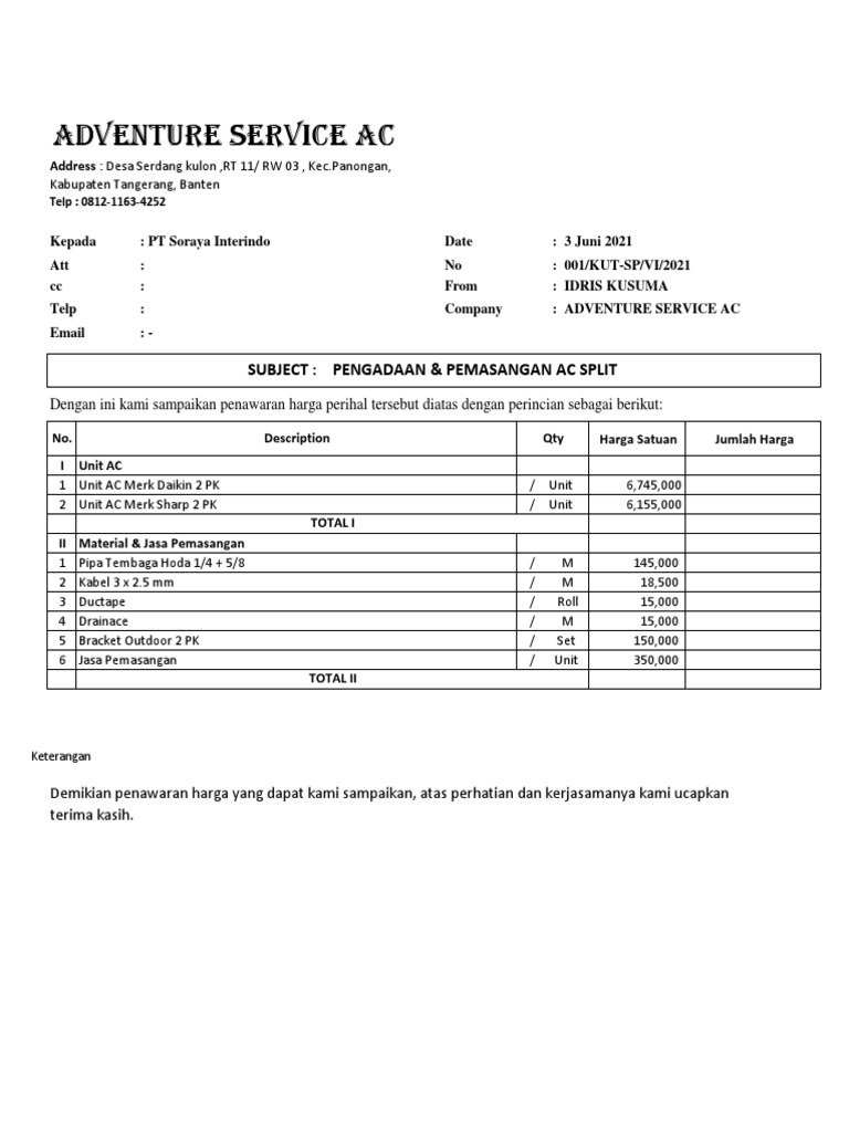 Penawaran Pemasangan AC untuk PT Soraya | PDF