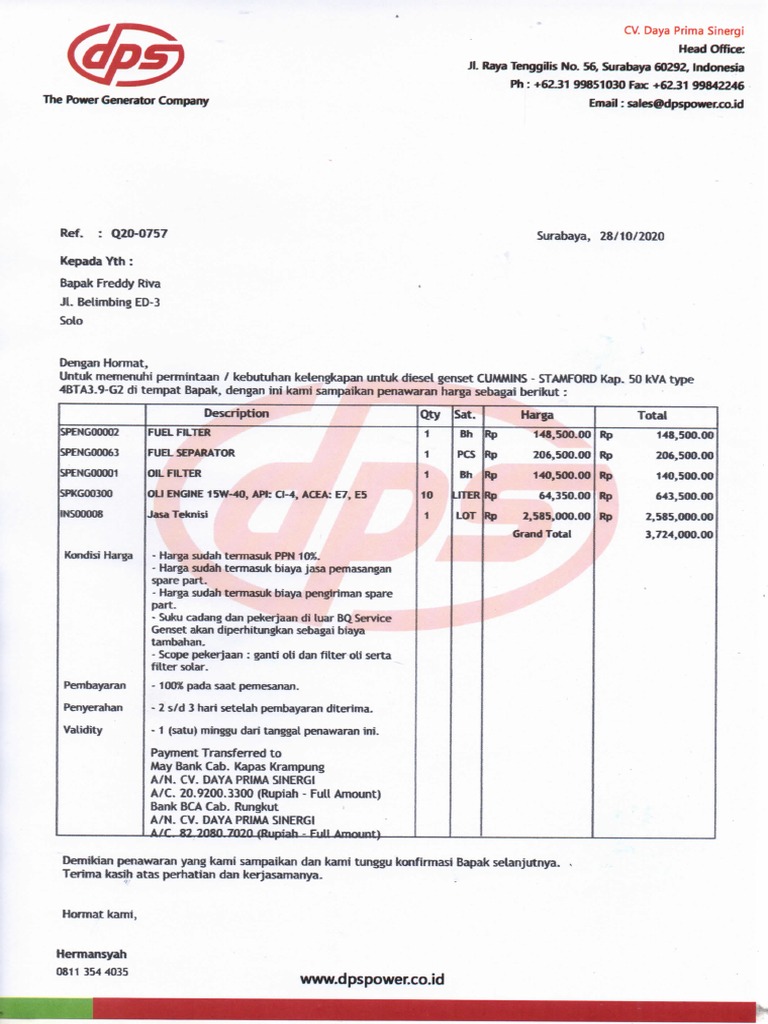 Penawaran Genset Dbs Sby - q20-0757 - Bapak Freddy Riva - Spare Part ...