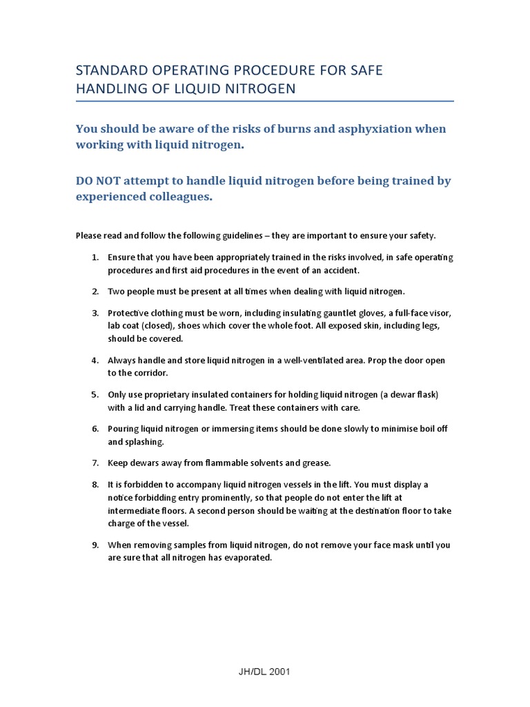 Safe Handling of Liquid Nitrogen PDF Cryogenics First Aid