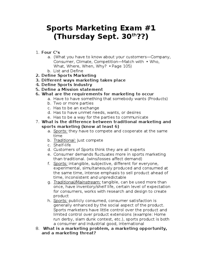Sports Marketing Exam 1 (Thursday Sept. 30 ??) PDF Marketing
