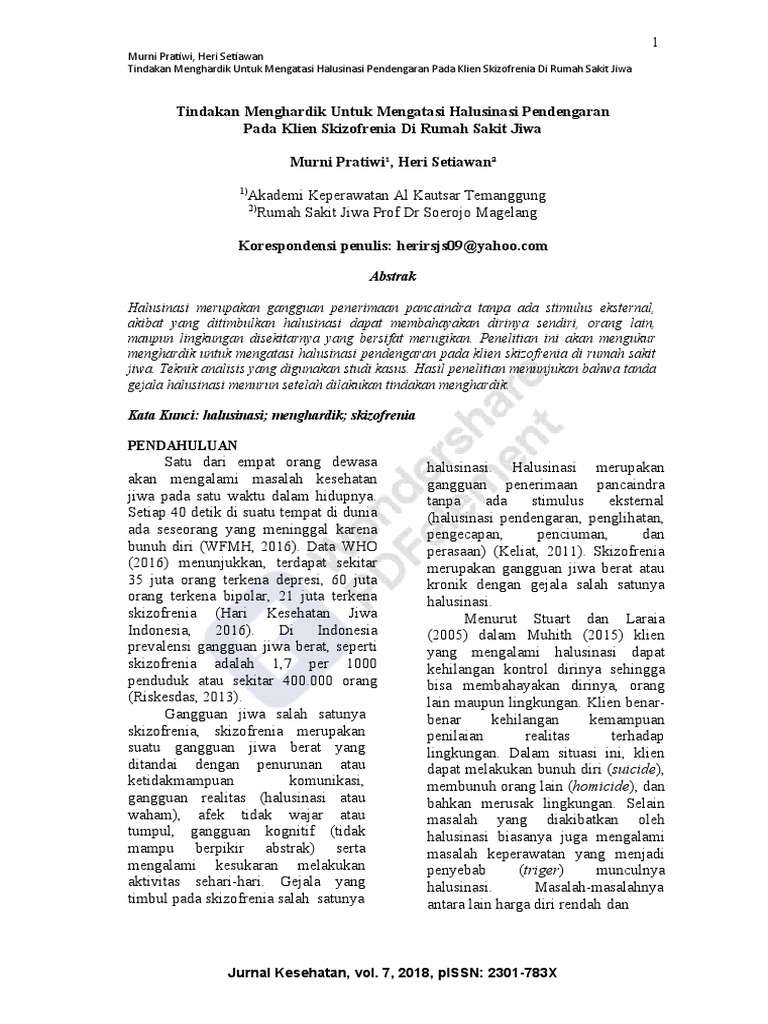Tindakan Menghardik Untuk Mengatasi Halusinasi Pendengaran Pada Klien Skizofrenia Di Rumah Sakit Jiwa Pdf