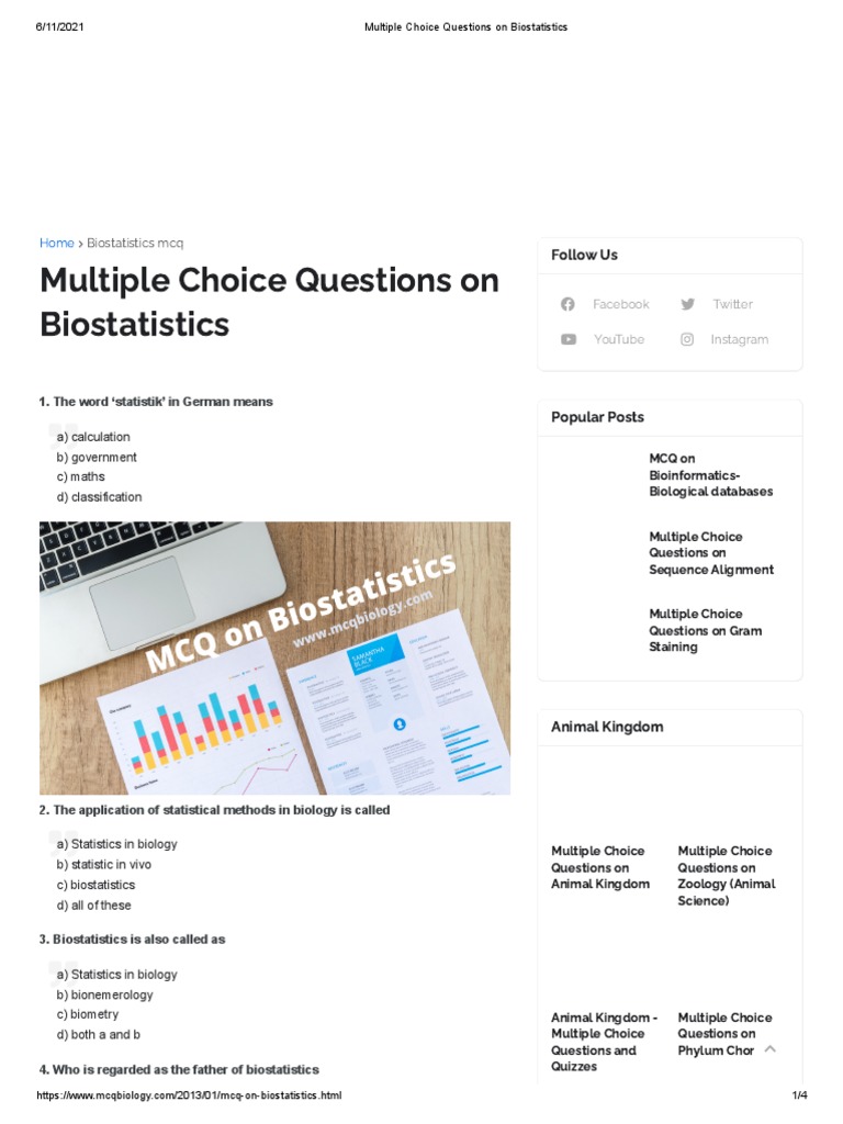 Multiple Choice Questions On Biostatistics | PDF | Biostatistics | Multiple  Choice