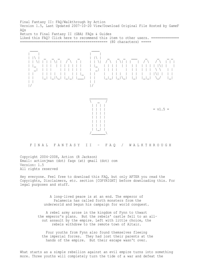 Final Fantasy 2 Strategy Guide Menu Computing