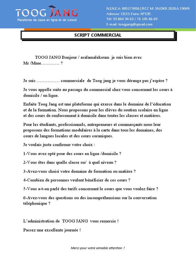 Script Commercial pour Toog Jang | PDF | Évolution de carrière